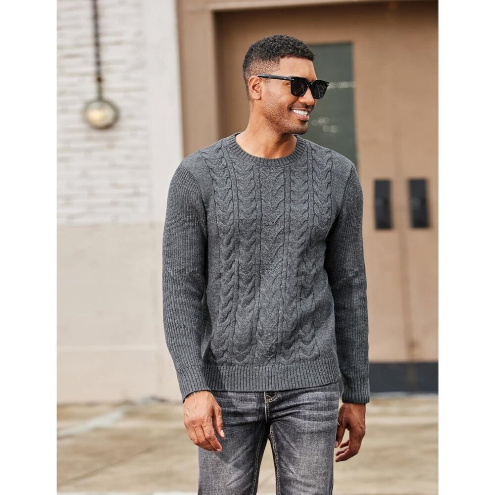 Coofandy Men Dark Grey Crewneck Pullover Twist Textured Fisherman Sweater - Picture 2 of 5